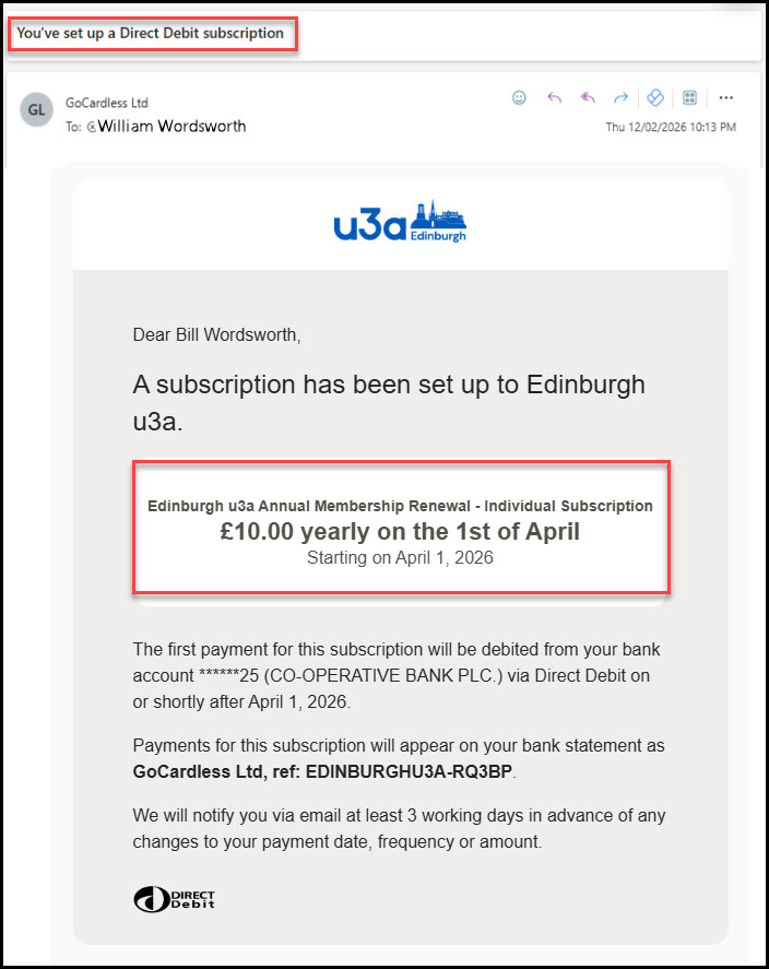 Direct Debit Confirmation Membership Renewal by Direct Debit 2026 - Edinburgh u3a